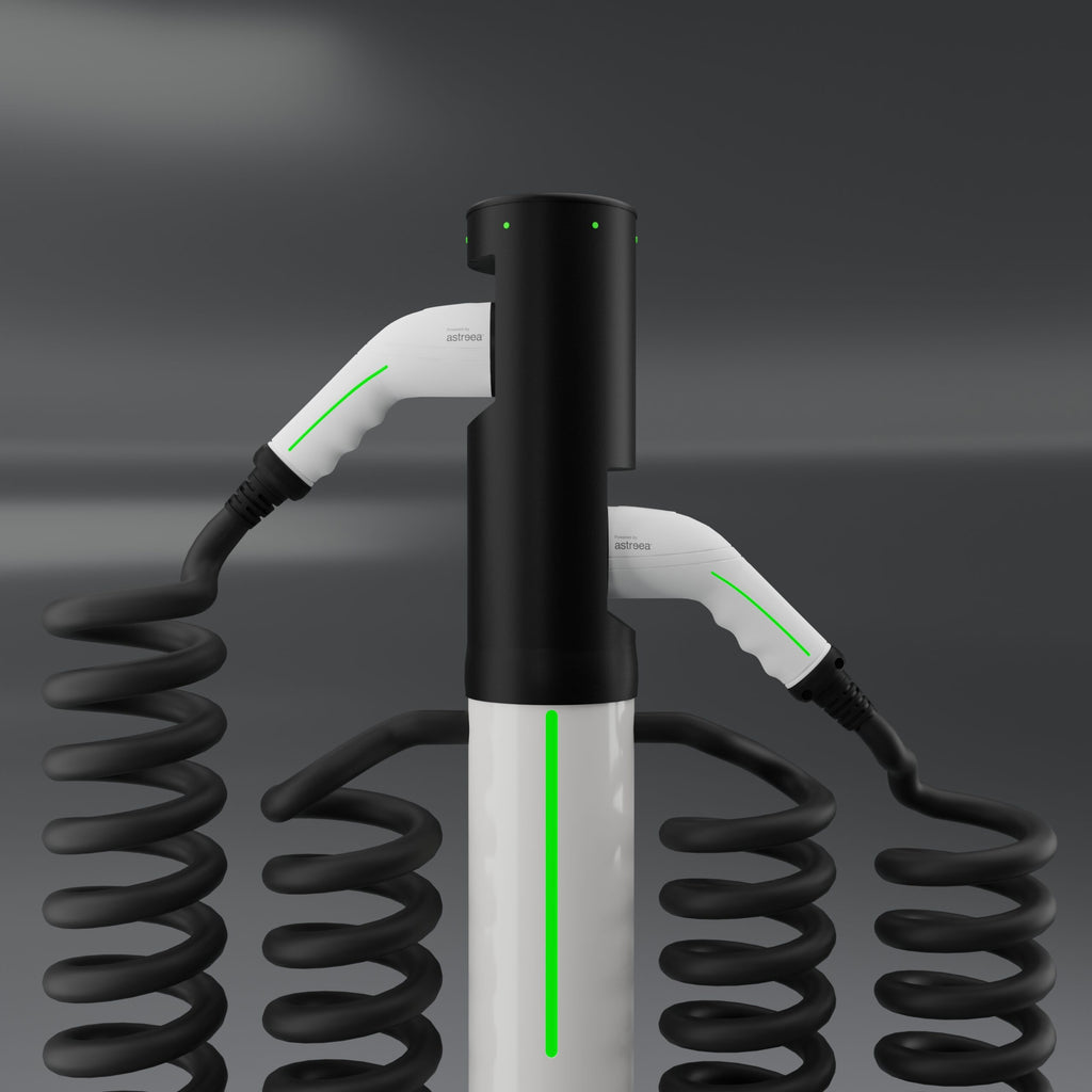 Stație încărcare electrică auto Astreea® SmartCharger, self standing, 2 prize, 2 cabluri spiralate, 2x22kw