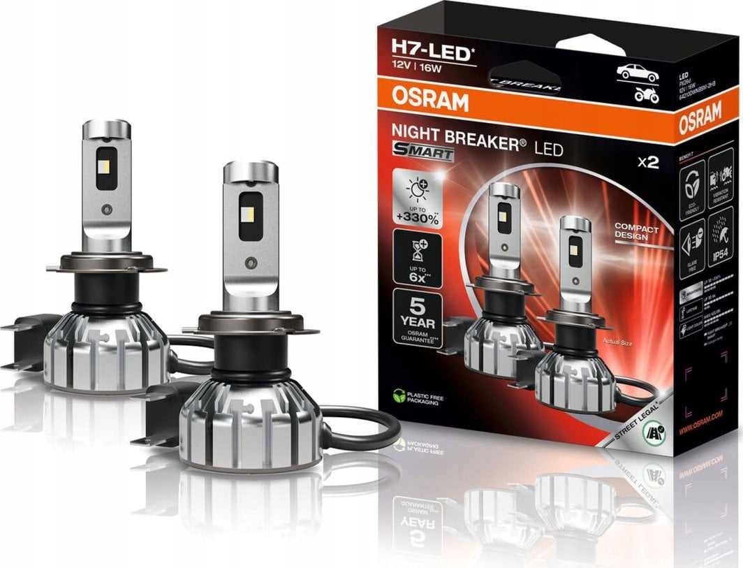 Set 2 becuri LED H7 12V 16W Night Breaker SMART +330% Certificat RAR