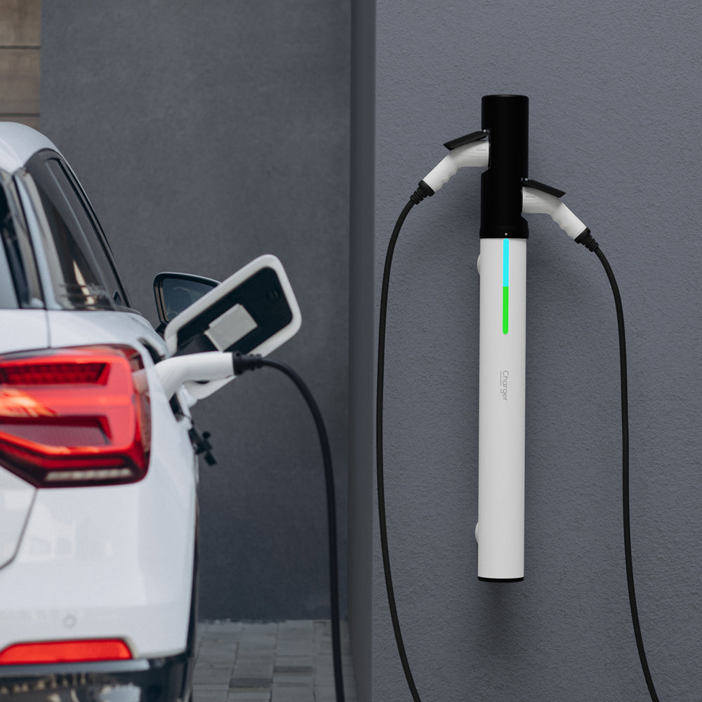 Stație încărcare electrică auto Astreea® SmartCharger, montaj perete, 2 prize, 2 cabluri spiralate, 2x22kw